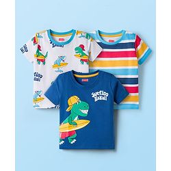 Babyhug 100% Cotton Knit Half Sleeves Animal Beach Theme Printed & Striped T-Shirts Pack Of 3 - Multicolour