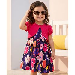 Babyhug 100% Cotton Woven Half Sleeves Floral Printed Frock With Shrug - Multicolour