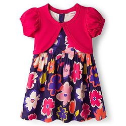 Babyhug 100% Cotton Woven Half Sleeves Floral Printed Frock With Shrug - Multicolour