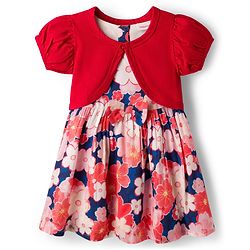 Babyhug 100% Cotton Woven Half Sleeves Floral Printed Frock & Shrug - Multicolour