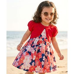 Babyhug 100% Cotton Woven Half Sleeves Floral Printed Frock & Shrug - Multicolour