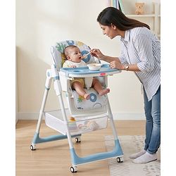Babyhug 4 in 1 multifunctional Baby High Chair with Adjustable Backrest - Blue| Adjustable Footrest & 5 level Seat Height| Compact Fold| Swivel Wheels with Lock| Double Food Tray| Removable PU Cushion