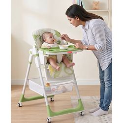 Babyhug 4 in 1 multifunctional Baby High Chair with Adjustable Backrest - Green| Adjustable Footrest & 5 level Seat Height| Compact Fold| Swivel Wheels with Lock|Double Food Tray| Removable PU Cushion
