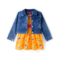 Babyhug 100% Cotton Knit Floral Printed Frock with Full Sleeves Denim Jacket - Yellow & Blue
