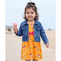 Babyhug 100% Cotton Knit Floral Printed Frock with Full Sleeves Denim Jacket - Yellow & Blue