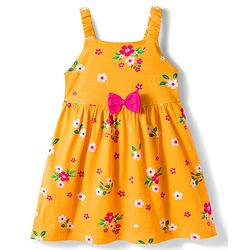 Babyhug 100% Cotton Knit Floral Printed Frock with Full Sleeves Denim Jacket - Yellow & Blue