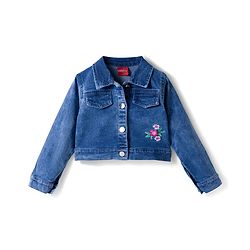 Babyhug 100% Cotton Knit Floral Printed Frock with Full Sleeves Denim Jacket - Yellow & Blue