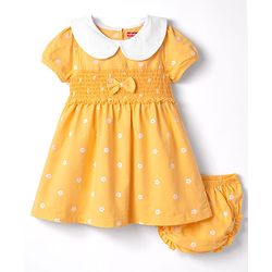 Babyhug Single Jersey Knit Half Sleeves Floral Printed Frock with Bloomer with Bow Applique - Yellow