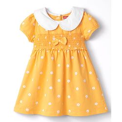 Babyhug Single Jersey Knit Half Sleeves Floral Printed Frock with Bloomer with Bow Applique - Yellow