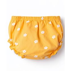 Babyhug Single Jersey Knit Half Sleeves Floral Printed Frock with Bloomer with Bow Applique - Yellow