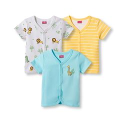 Babyhug 100% Cotton Knit Antibacterial Half Sleeves Animal Printed & Striped Jhablas Pack Of 3 - Multicolour