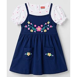 Babyhug 100% Cotton Knit Half Sleeves Floral & Polka Dots Printed Frock With Inner Tee - Navy Blue