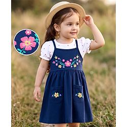 Babyhug 100% Cotton Knit Half Sleeves Floral & Polka Dots Printed Frock With Inner Tee - Navy Blue
