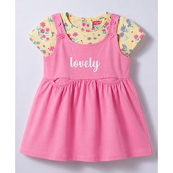 Babyhug 100% Cotton Knit Half Sleeves Floral Printed Frock With Inner Tee - Pink