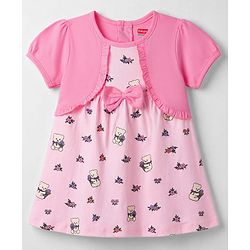 Babyhug Single Jersey Knit Half Sleeves Frock with Teddy & Floral Print & Bloomer - Pink