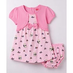 Babyhug Single Jersey Knit Half Sleeves Frock with Teddy & Floral Print & Bloomer - Pink