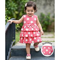Babyhug Cotton Knit Sleeveless Layered Polka Dot Printed Frock with Bloomer - Pink