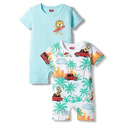 Babyhug 100% Cotton Knit Half Sleeves Rompers with Miami Print Pack of 2 - Multicolor