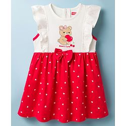 Babyhug Cotton Knit Frock with Bloomers/Shorts, Ruffled Sleeves, Bear Print, Bow Detail Red 0-0 Months