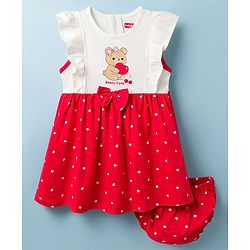 Babyhug Cotton Knit Frock with Bloomers/Shorts, Ruffled Sleeves, Bear Print, Bow Detail Red 0-0 Months