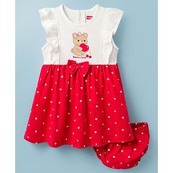 Babyhug Cotton Knit Frock with Bloomers/Shorts, Ruffled Sleeves, Bear Print, Bow Detail Red 0-3 Months