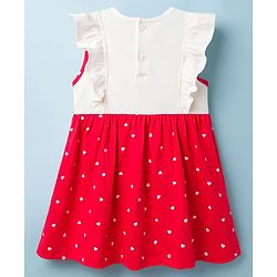 Babyhug Cotton Knit Frock with Bloomers/Shorts, Ruffled Sleeves, Bear Print, Bow Detail Red 0-0 Months