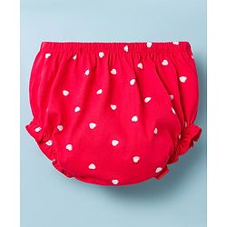 Babyhug Cotton Knit Frock with Bloomers/Shorts, Ruffled Sleeves, Bear Print, Bow Detail Red 0-3 Months