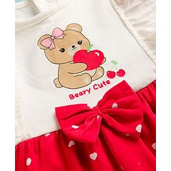 Babyhug Cotton Knit Frock with Bloomers/Shorts, Ruffled Sleeves, Bear Print, Bow Detail Red 0-3 Months