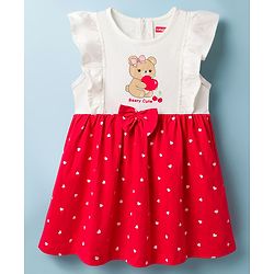 Babyhug Cotton Knit Frock with Bloomers/Shorts, Ruffled Sleeves, Bear Print, Bow Detail Red 0-3 Months