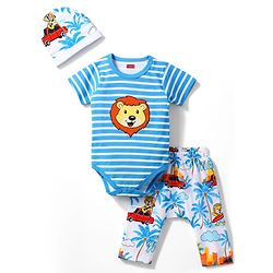 Babyhug 100% Cotton Knit Half Sleeves Striped & Lion Embroidered Onesie with Leggings & Cap - Multicolor