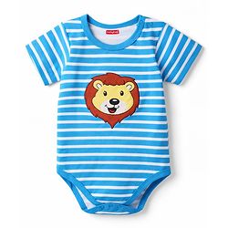 Babyhug 100% Cotton Knit Half Sleeves Striped & Lion Embroidered Onesie with Leggings & Cap - Multicolor