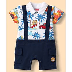 Babyhug 100% Cotton Interlock Knit Half Sleeves Romper With Tropical Print - Blue