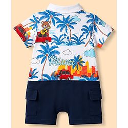 Babyhug 100% Cotton Interlock Knit Half Sleeves Romper With Tropical Print - Blue
