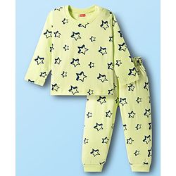 Babyhug Cotton Knit Full Sleeves T-Shirt & Pyjama Co-ord Night Suit With Star Print - Lime Green