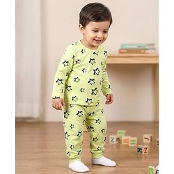 Babyhug Cotton Knit Full Sleeves T-Shirt & Pyjama Co-ord Night Suit With Star Print - Lime Green
