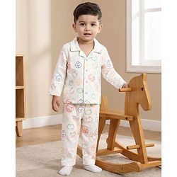 Babyhug 100% Cotton Knit Full Sleeves Shirt & Pyjama Co-ord Night Suit With Animal Print - White