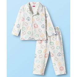 Babyhug 100% Cotton Knit Full Sleeves Shirt & Pyjama Co-ord Night Suit With Animal Print - White