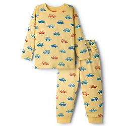 Babyhug Cotton Knit Full Sleeves T-Shirt & Pyjama Co-ord Night Suit With Car Print - Yellow