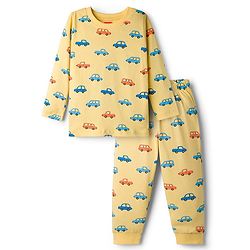Babyhug Cotton Knit Full Sleeves T-Shirt & Pyjama Co-ord Night Suit With Car Print - Yellow