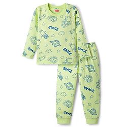 Babyhug Cotton Knit Full Sleeves T-Shirt & Pyjama Co-ord Night Suit With Space Theme Print - Green