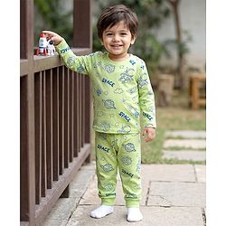 Babyhug Cotton Knit Full Sleeves T-Shirt & Pyjama Co-ord Night Suit With Space Theme Print - Green