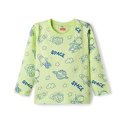 Babyhug Cotton Knit Full Sleeves T-Shirt & Pyjama Co-ord Night Suit With Space Theme Print - Green