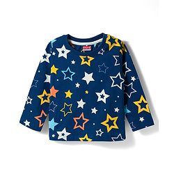 Babyhug Cotton Knit Full Sleeves T-Shirt & Pyjama Co-ord Night Suit with Star Print - Navy Blue
