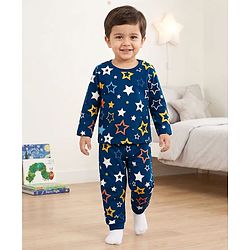 Babyhug Cotton Knit Full Sleeves T-Shirt & Pyjama Co-ord Night Suit with Star Print - Navy Blue