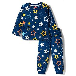 Babyhug Cotton Knit Full Sleeves T-Shirt & Pyjama Co-ord Night Suit with Star Print - Navy Blue