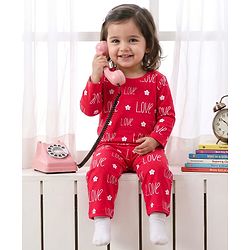 Babyhug Cotton Knit Full Sleeves Co-ords T-Shirt & Pajama Night Suit with Love Print - Red