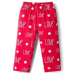 Babyhug Cotton Knit Full Sleeves Co-ords T-Shirt & Pajama Night Suit with Love Print - Red
