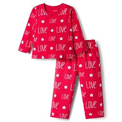 Babyhug Cotton Knit Full Sleeves Co-ords T-Shirt & Pajama Night Suit with Love Print - Red