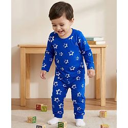 Babyhug Cotton Knit Full Sleeves Co-ords T-Shirt & Pajama Night Suit with Star Print - Navy Blue