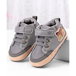 Cute Walk by Babyhug Velcro Closure Booties with Fox Patch -  Grey